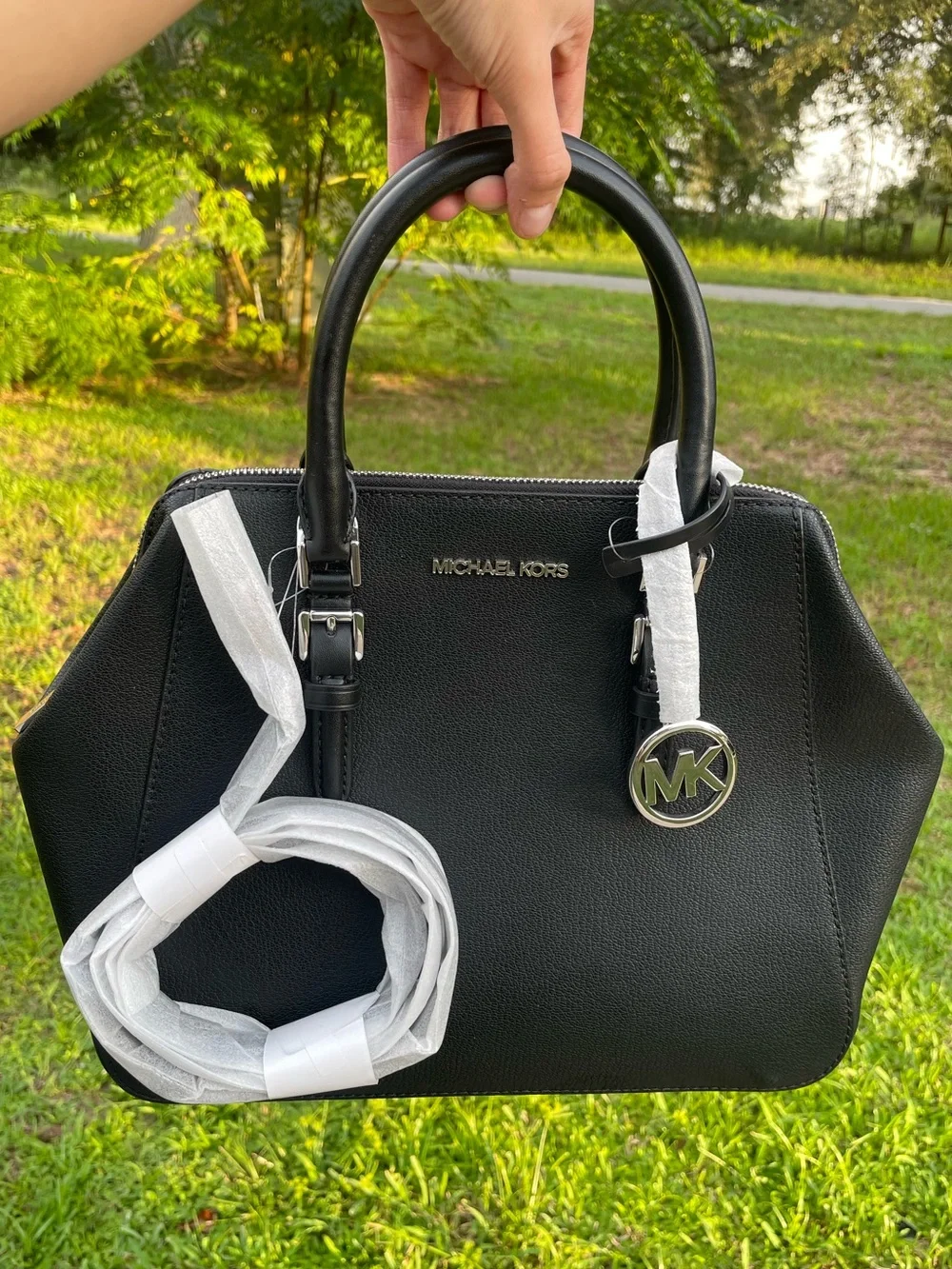 Michael Kors Black Leather Structured Satchel with MK Charm